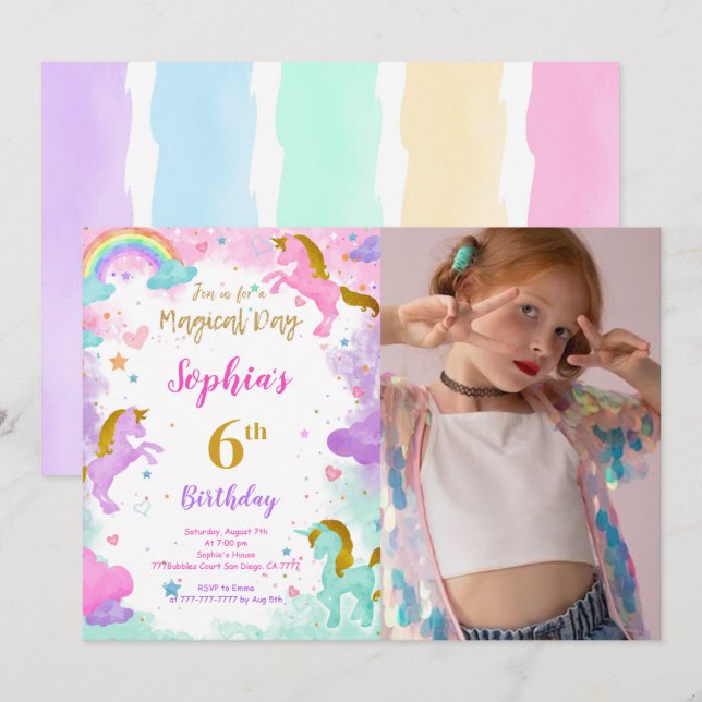 Convite Fotográfico de 6 Birthday Unicorn (Frente/Verso)
