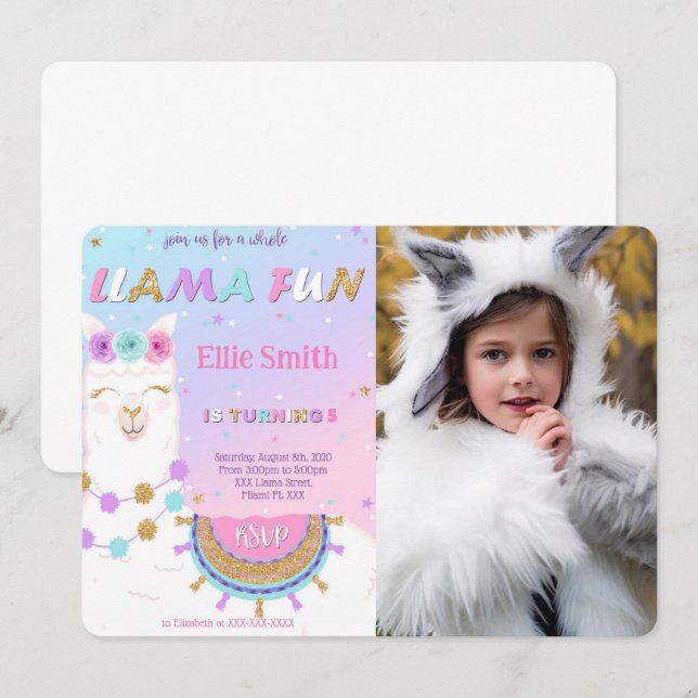 Convite Fotográfico de Aniversário do Llama (Frente/Verso)