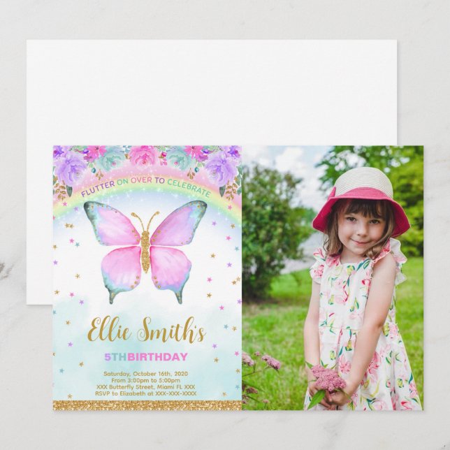 Convite Fotográfico de Aniversário para Borboleta  (Frente/Verso)