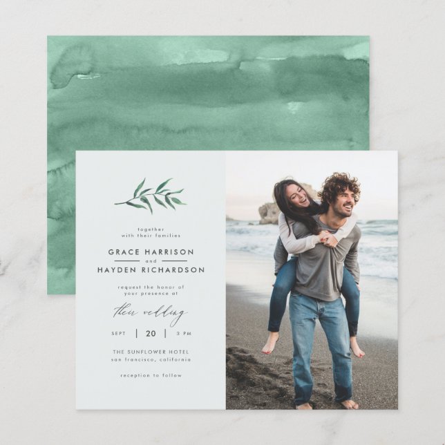 Convite Fotográfico de Casamento de Branch Verde A (Frente/Verso)
