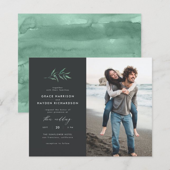 Convite Fotográfico de Casamento de Branch Verde E (Frente/Verso)