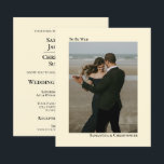 Convite Fotográfico de Casamento Simples de Creme<br><div class="desc">Estes belos convites são simples, modernos e minimalistas, assim como são favoráveis ao orçamento e baratos. Eles apresentam um marfim contemporâneo limpo, creme, ou design de cor esbranquiçada com sua foto na frente com seus nomes e as palavras: Para Ser Esperado. A versão e a informação padrão do convite de...</div>