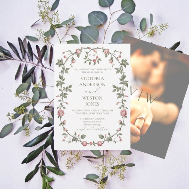 Convite Fotográfico de Casamento Verde de Garden S (Garden Sage Wedding Invitation With Monogram and Photo)