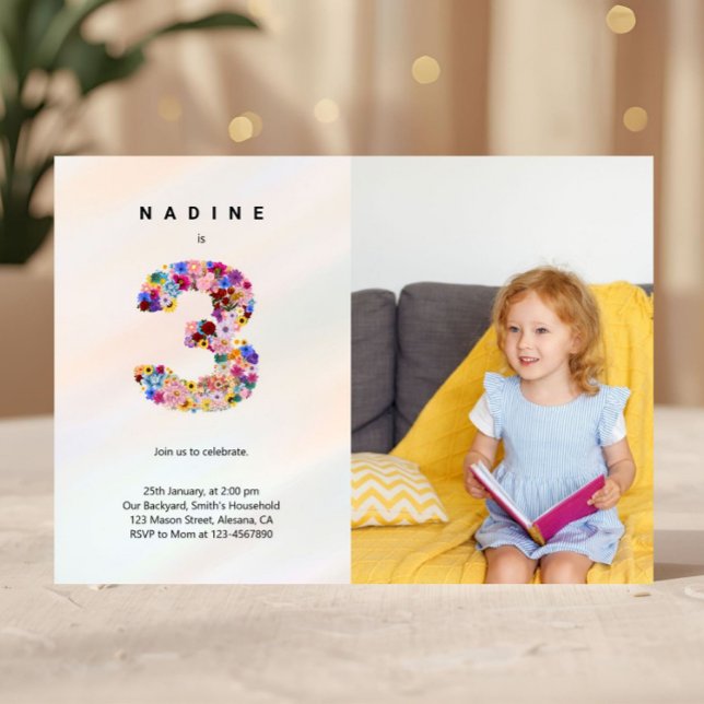 Convite Fotográfico de Florais Cor-de-Rosa anivers (Floral 3rd Birthday Invitation, Blush Pink Invitation, Third Birthday Invites for Girl)