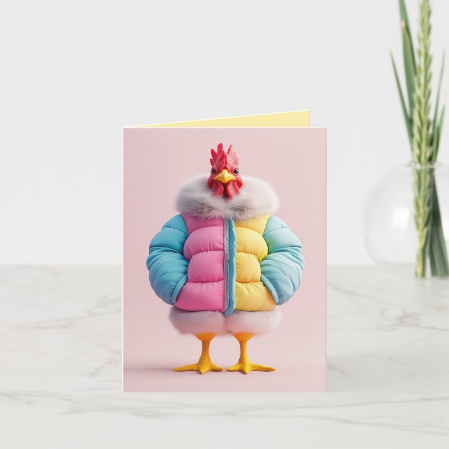 Convite Frango Elegante em Casaco Puffer Colorido de Inver (Frente)