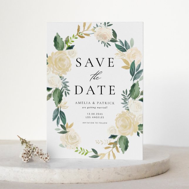 Convite Frota Floral com Flores de Marfim Salve a Data (Elegant floral save the date magnet featuring ivory flowers, greenery, and faux gold foil accents.)