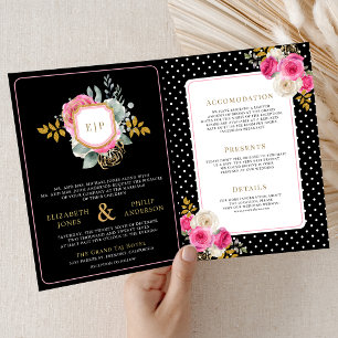 Convite Fuchsia Rosa Floral All in One Crest Preto Casamen