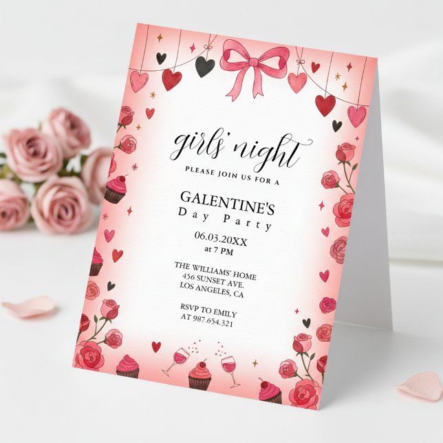 Convite Galentine's com Laço de Fita Rosa (Soft Feminine Design)