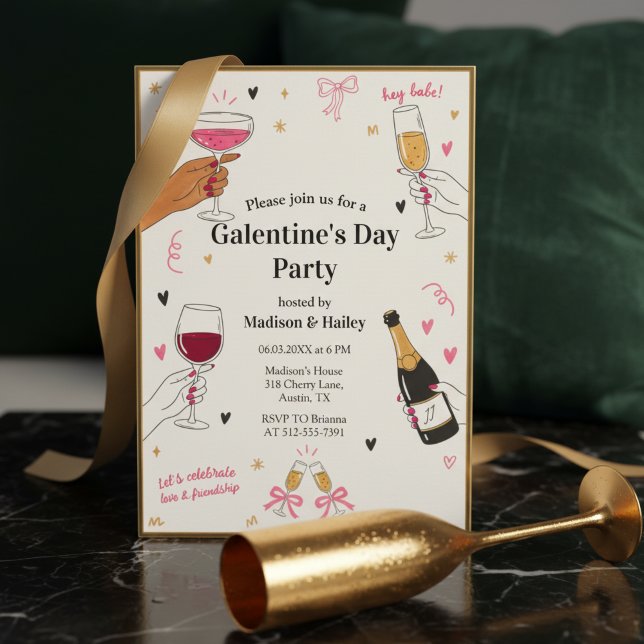 Convite Galentines Hey Babe Moldura Dourada (A trendy Galentine's Day invitation with gold frame border)