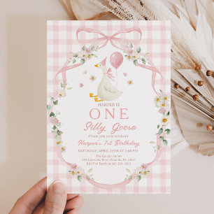 Convite Ganso Bobo: 1º Aniversário, Floral Rosa 