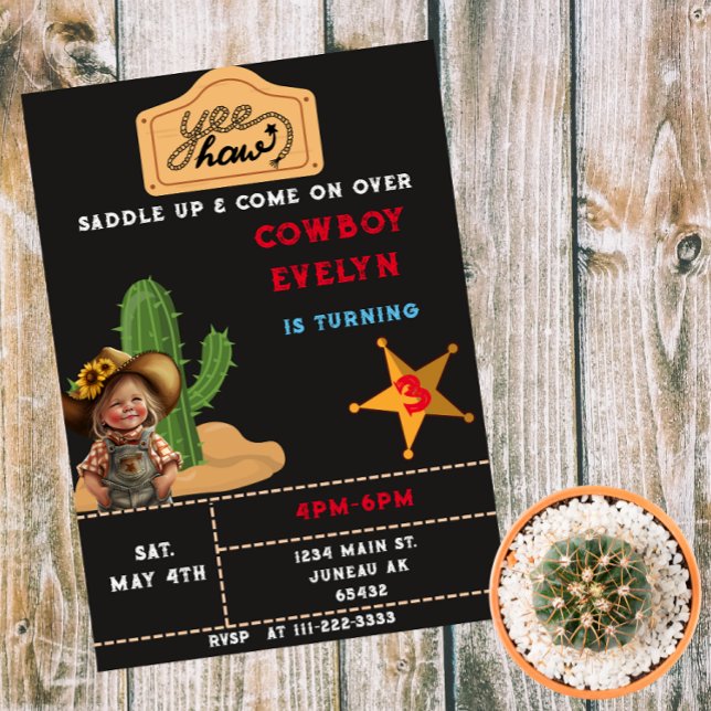 Convite Garota de Aniversário da Festa do Cacto Cowboy (Criador carregado)