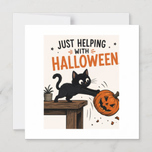 Convite Gato Preto Engraçado Derrubando Abóbora de Hallowe