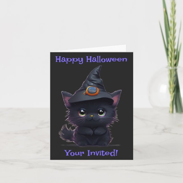 Convite Gato preto fofo e caprichoso de Halloween (Frente)