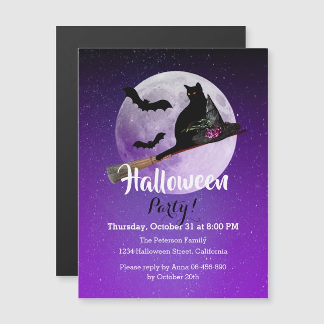 Convite Gato preto lua cheia roxo festa de Halloween (Frente/Verso)