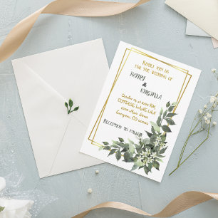 Convite Geométrico Dourado-Verde para Casamento Tr