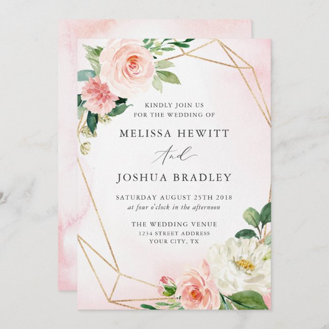 Convite Geométrico Floral Rosa e Dourado (Frente/Verso)