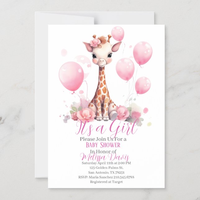 Convite Giraffe Girl Baby Shower Invitation (Frente)