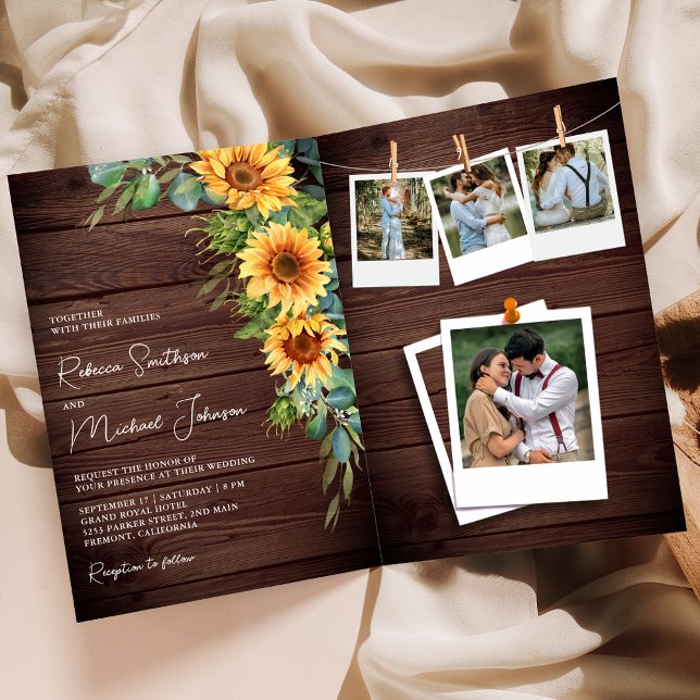 Convite Girassóis Madeira de Eucalipto Código QR Casamento (Criador carregado)