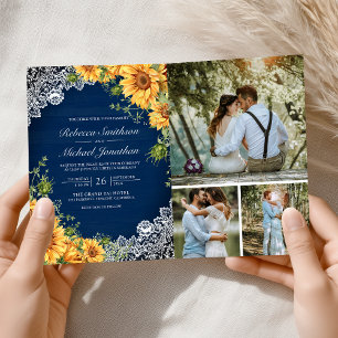 Convite Girassóis Rústicos Casamento Código QR Madeira Azu