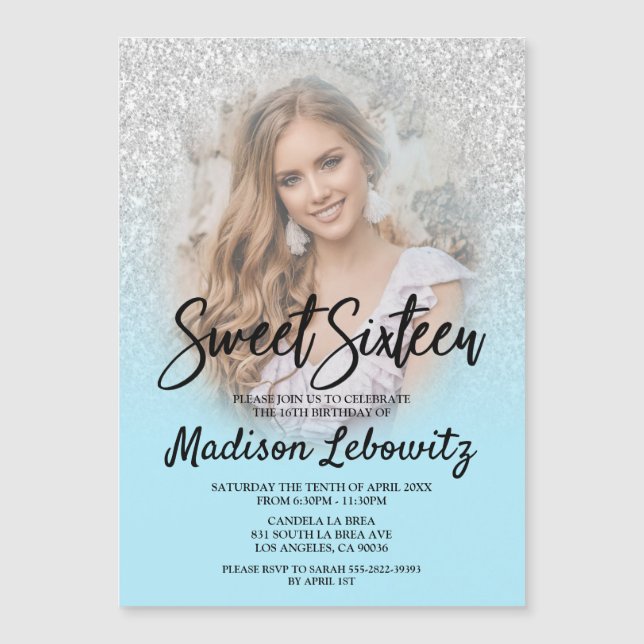 Convite Glam Baby Blue & Glitter Sweet 16 Photo Invite (Frente)