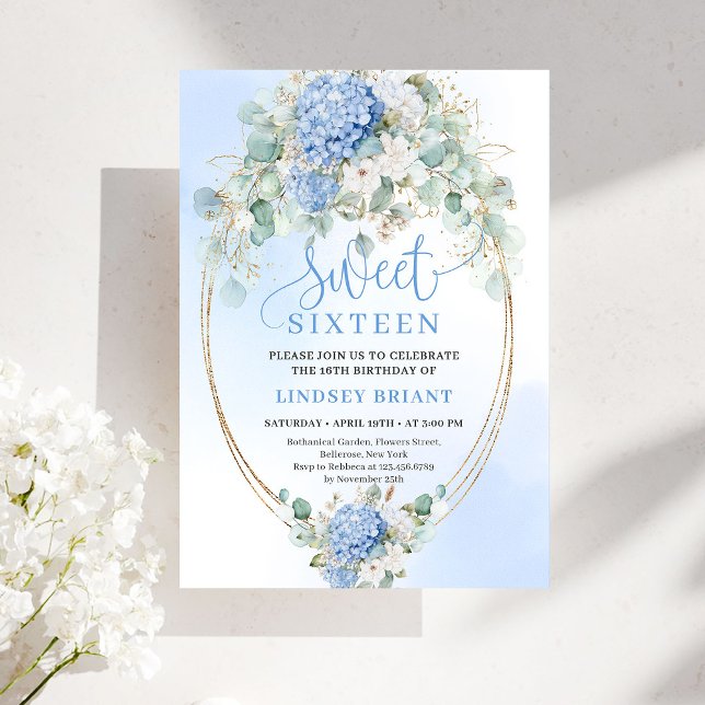 Convite Glam Blue Hydrangeas Gold Sweet Sixteen (Glam Blue Hydrangeas Gold Sweet Sixteen Invite)