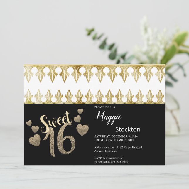 Convite Glam Dourado Sweet 16 (Em pé/Frente)