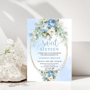 Convite Glam Dusty Blue Peony Dourado Sweet Sixtee