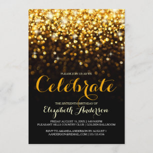 Convite Glam preto Dourado do doce dezesseis de
