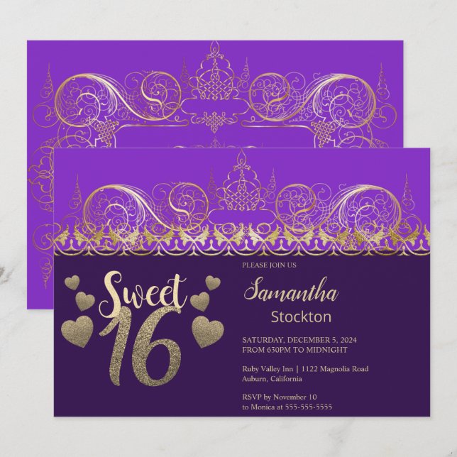 Convite Glamorous Dourado Sweet 16 (Frente/Verso)