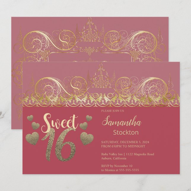 Convite Glamorous Dourado Sweet 16 (Frente/Verso)