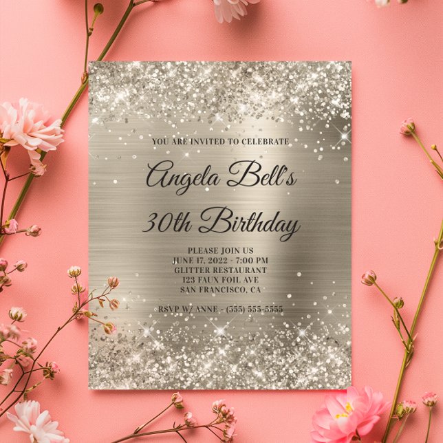 Convite Glamouroso com Brilho de Platina Econômico (Budget Glittery Platinum Foil Glam Invitation)