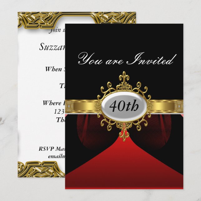 Convite Glamouroso para Festa de Aniversário Preto (Frente/Verso)