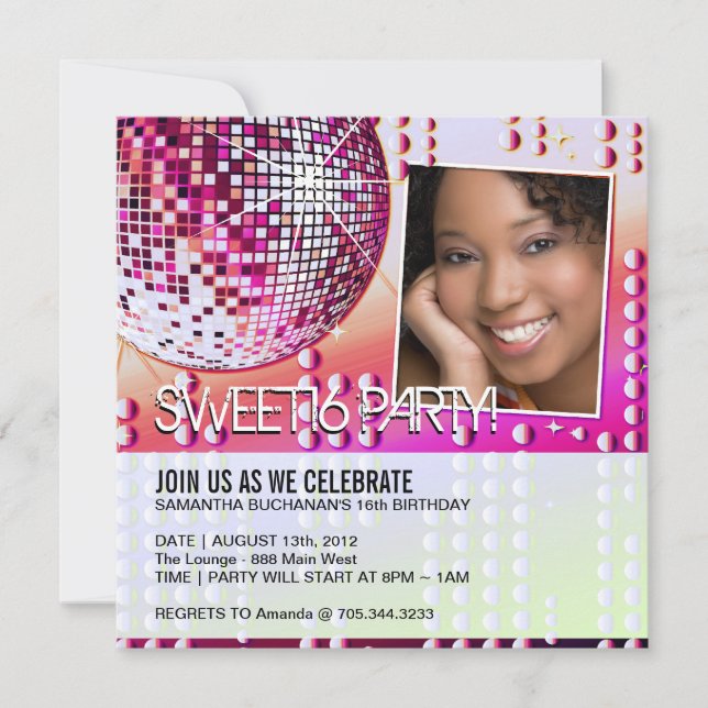 Convite Glamouroso Sweet Sixteen Bola de Disco (Frente)