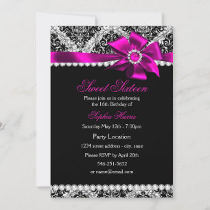 Convite Glitter Damask & Laço Jóia Rosa Sweet 16