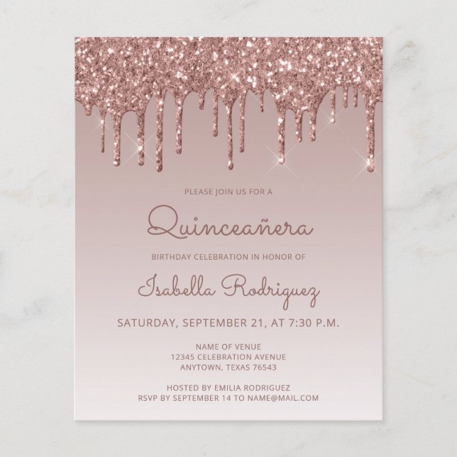 Convite Glitter Dourado para Rosa de Quinceañera (Frente)