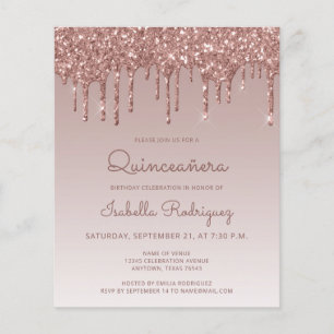 Convite Glitter Dourado para Rosa de Quinceañera