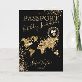 Convite Glitter Happy Birthday Passport Map Qualquer Idade