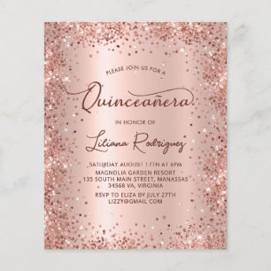Convite Glitter Quinceanera Dourado Rosa de Orçame