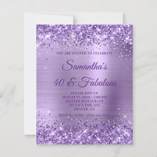 Convite Glittery Purple Foil Monograma 40 & Fabulo (Frente)