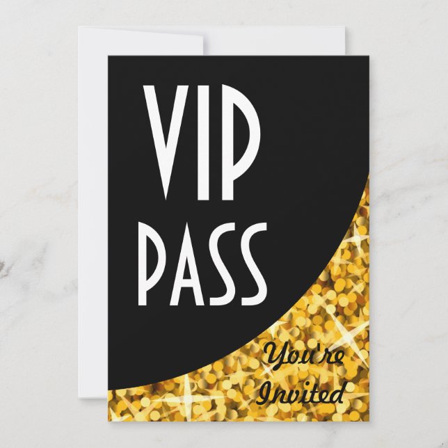 Convite "Glitz Gold" curva preta "VIP Pass" (Frente)