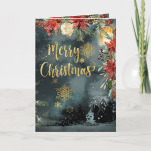 Convite Gold Calligraphy Woodland Floral Holiday Card