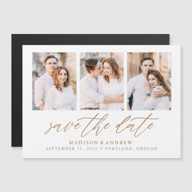Convite Gold Elegant Script 3 Colagem de Fotos Save the Da (Frente/Verso)