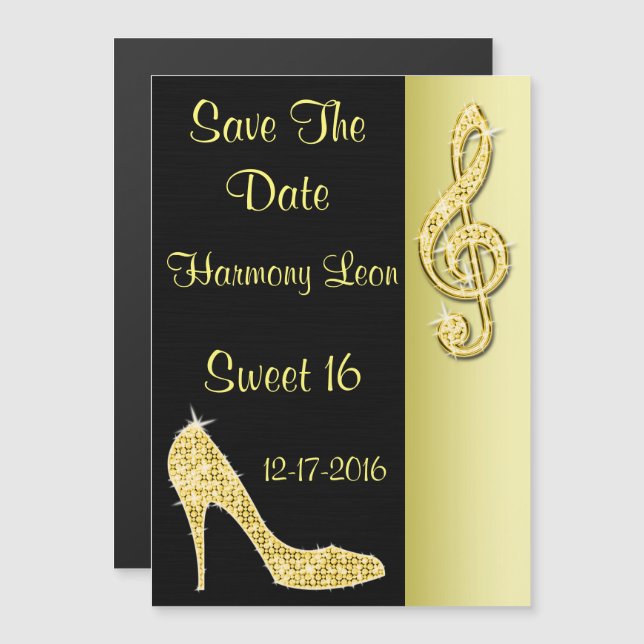 Convite Gold Stiletto & Treble Cleft 16º Save The Date (Frente/Verso)