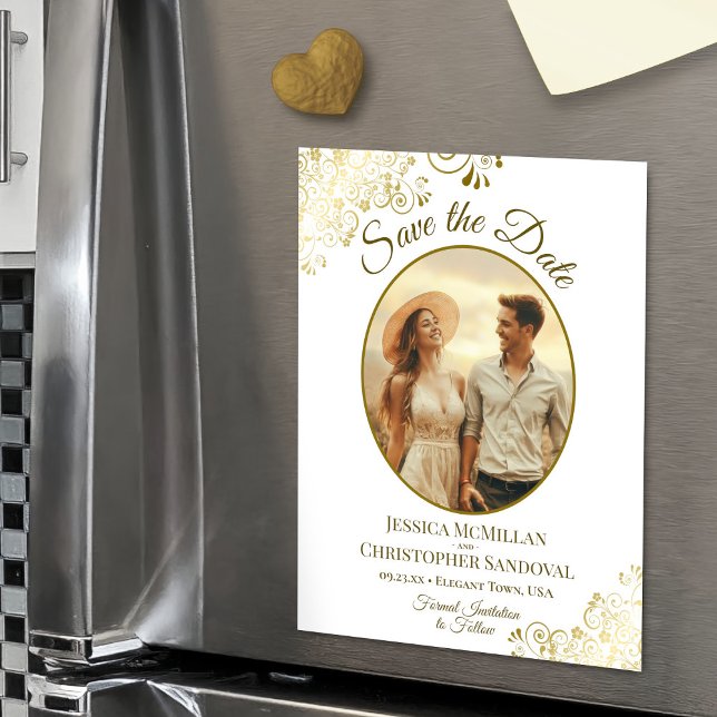 Convite Gold & White Elegant Wedding Save Date Oval Photo (Magnetic Back for Easy Display!)