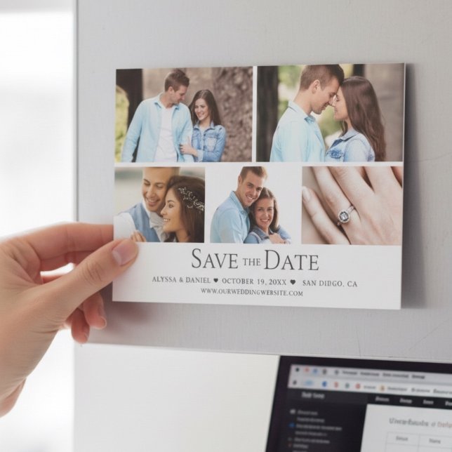 Convite Grade Chic de Fotos de Casamento Salve a Data magn (Modern photo collage save the date magnetic wedding card.)