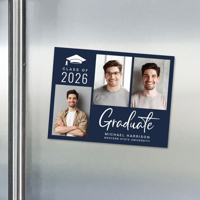Convite Graduação Azul de Script de Foto Moderna (Modern Photo Bold Script Blue Graduation Magnetic Announcement)