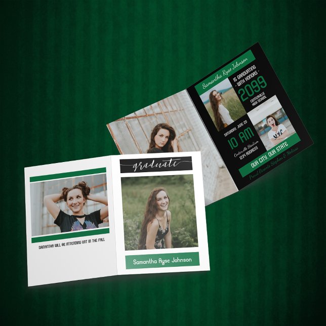 Convite Graduação de 5 Fotos em Bloco Moderno Verde (Criador carregado)