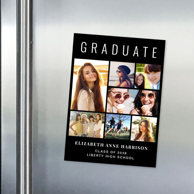 Convite Graduação em Preto para Colagem de Fotos Moderna (Modern Photo Collage Black Graduation Magnetic Announcement)