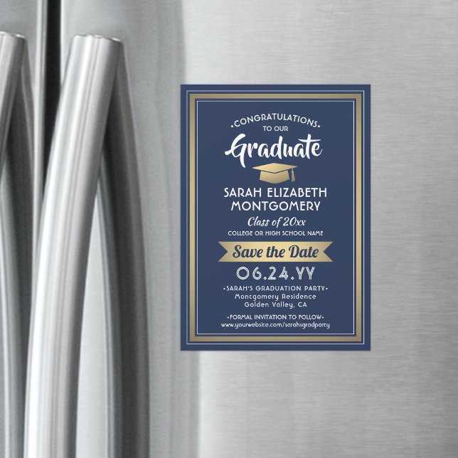 Convite Graduação Salva a Data Marinho Azul Branco e Doura (Criador carregado)