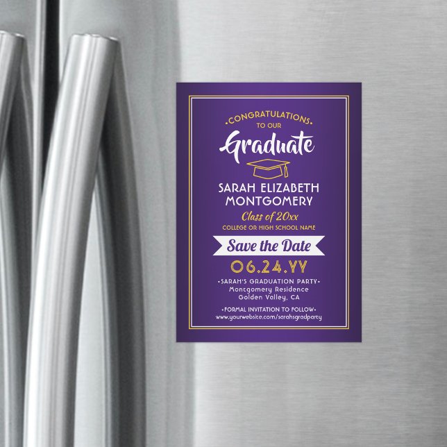 Convite Graduação Salvar a Data Púrpura e Dourado Amarelo (Criador carregado)